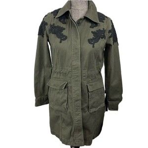 Halogen Long Cargo Jacket Coat Olive Army Green Size XS Embroidered Black Cotton